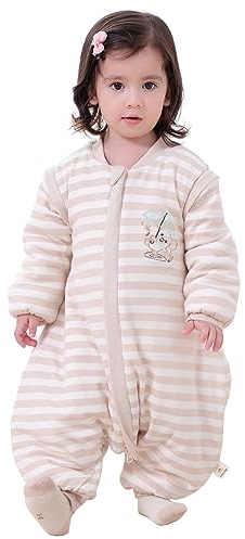 Chilsuessy Baby Schlafsack mit Beinen und abnehmbaren Ärmeln Kleine Kinder Strampler Schlafanzug Winter Babyschlafsack mit Füßen Bio Buamwolle, Streifen/2.5 Tog, 70cm/Baby Höhe 75-85cm