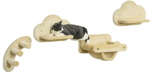 PawHut Kletterwand Katzen, 4-teilig Katzenkletterwand Set, Katzen Wandelemente mit Kaztentreppe, Hängematte, Sprungplatt, Katzenwandmöbel Set für Klettern Spielen Schlafen bis 5 kg Beige