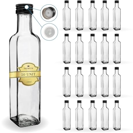 Espirito Rebelde 20 Bouteilles en Verre 250ml avec Bouchon a Vis Noir avec Bec Verseur | Huile d'Olive, Vinaigre, Alcool, Sauces | Huilier