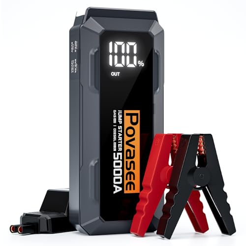 5000A Jump Starter Povasee A40 Car BatteryJump Starter, 12V Jump Box for Car Up to All Gas or 10L Diesel Engine Battery Jumper Starter Portable with 3 LCD Display Power Bank/Dual Output/LED Light