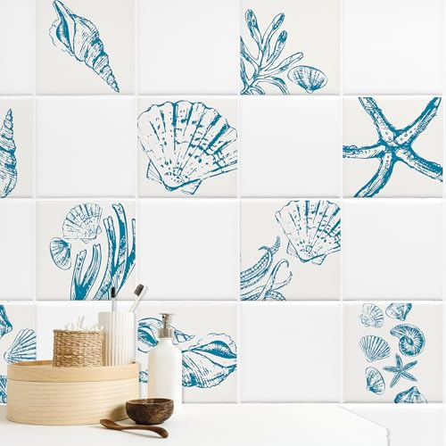 GRAZDesign Fliesenaufkleber Muscheln blau Bad Badezimmer, Fliesenbilder Set selbstklebend - 20x25cm / 20 Stück