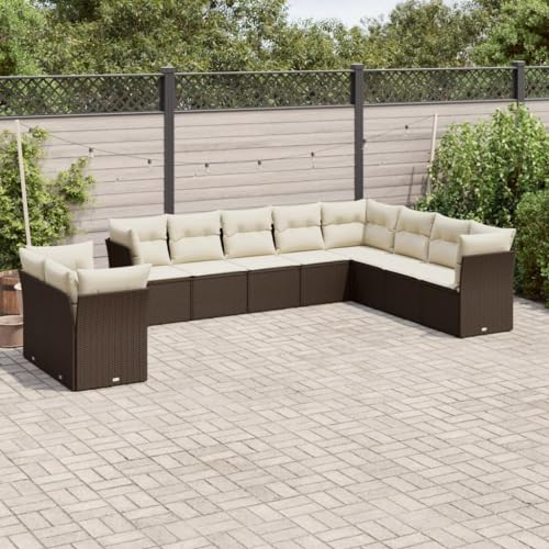 Rantry 10-TLG. Gartenmöbel Set mit Kissen Gartensofa Balkonmöbel Gartenlounge Loungesofa Modular Rattansofa Ecksofa Ecklounge Sitzgruppe Sofagarnitur Loungemöbel Braun Poly Rattan