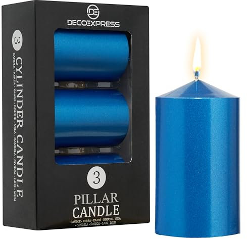 DECO EXPRESS Candele Decorative, Pacco da 3, Durata di Combustione di 30 Ore, Senza Profumo Vari Colori (Blu metallizzato - Confezione da 3)