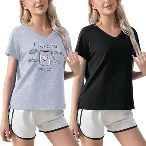 ENJOYNIGHT 2 Pack Womens Pajama Tops Cotton T-Shirt V-Neck Soft Sleep Pj Shirt Short Sleeves (Large, Black+Cup)