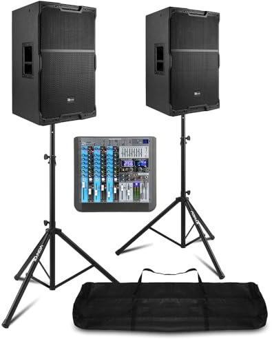Power Dynamics PD PDY212A Pro 1400W Active 12-Inch Speakers with PDM-S804 8-Channel Mixer, Bi-Amped Bluetooth USB Recording, Professional PA System for Band, Vocalist and Church