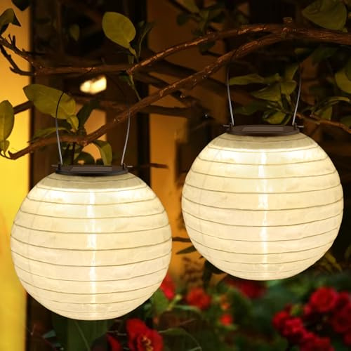 Yomaido Solar Lampions außen wetterfest, 2x25cm Solar LED Papierlaternen, Wasserdicht Nylon, Warmweiß