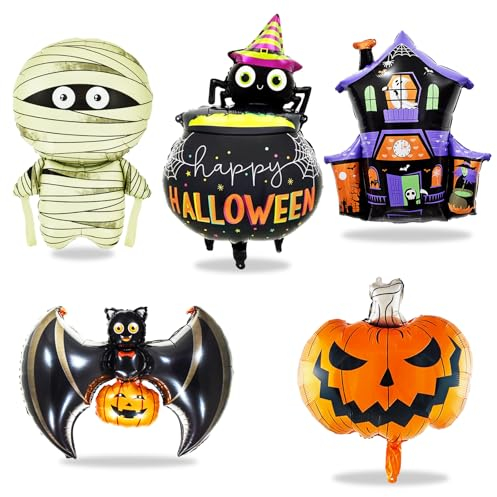 Koboko Halloweendekoration Folienballon, 5 Stück Halloween-Ballons, Fledermaus Dekoration Halloween Kürbis-Ballons, Hexe Spinne Ballons Halloween Partydekoration, Geister Ballon zum Geburtstag,