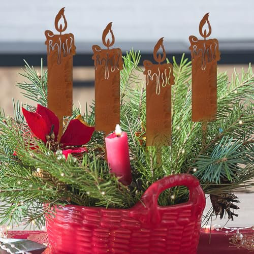 Vaktop 4 Stück Gartenstecker Weihnachten, Kerze Roststecker Weihnachten, Metall Gartendeko Rost, 24 x 5cm Weihnachtsdeko für Draußen Garten Wetterfest Rost Deko
