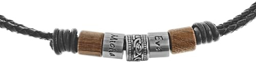 Timbalino Herrenkette mit Gravur, schwarze Lederkette, mit personalisierbaren Beads, Mittelteil Anhänger mit Ornamenten, Holzbeads, handgefertigt, Handmade Schmuck