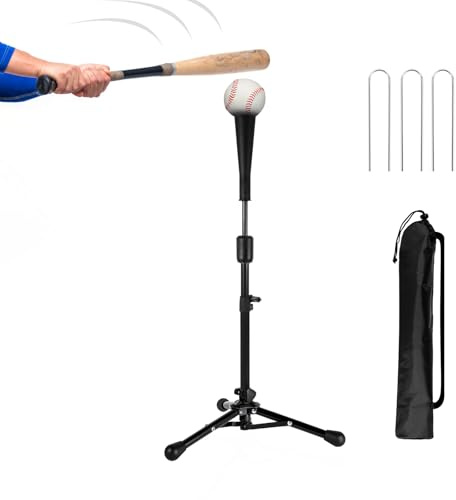 Wiseek 23.5 to 39.76 Inches Baseball Tee for Kids, Batting Tees with Carry Bag&3 Pcs Ground Nails, Portable Stable Tanner Tee, Baseball Training Equipment Aged 5-12, Softball Tee for Hitting (Black)