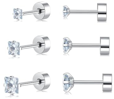 3 Pairs Silver/Gold Stud Earrings for Women Men, Hypoallergenic Small Square Cubic Zirconia Titanium Surgical Steel Stud Earrings Set, Helix Tragus Cartilage Sleeper Screw Flat Back Earrings 3/4/5mm