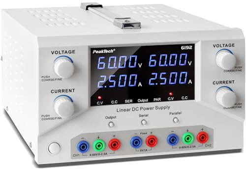 PeakTech, 6192, Fuente de alimentación de laboratorio 2 x 0, 60 V / 0, 2,5 A DC SELV fuente de alimentación lineal con transformador de aislamiento, fuente de alimentación de laboratorio con USB