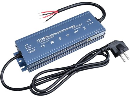 TOPAI IP67 Wasserdicht LED Netzteil 12V 300W CE Zertifiziertes | Eingang AC200V–240V, Ausgang DC12V 25A, mit 3-poligem Stecker, geräuschlos, schnelle Kühlung