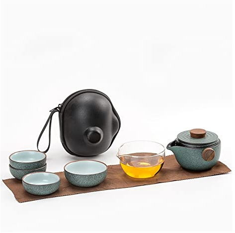BGFYUSF Kong Fu Set da tè in Porcellana， teiere in Ceramica Verde Gaiwan con 3 Tazze Set da tè da Viaggio Portatili con Borsa da Viaggio Adatto per Picnic e Viaggi，