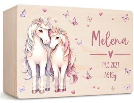 Little Deco Personalisierte Baby Holzkiste Erinnerungskiste | M - 30 x 20 x 13 cm | Pferde Geschenk Geburt Aufbewahrungskiste Geburtstag Spielzeugkiste für Mädchen XHL1018-01
