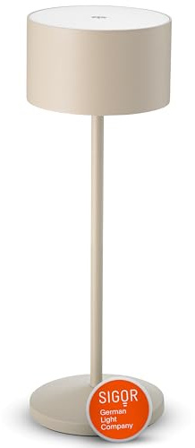 SIGOR Veluna dünenbeige - LED Akku-Tischlampe dimmbar & kabellos mit FlexMood (2200K/2700K), bis 14h Leuchtdauer, USB-C Ladefunktion, IP44 Outdoor & Indoor, Aluminium, Design-Lampe