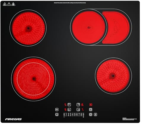FIREGAS Plaque de Cuisson Électrique Vitrocéramique 4 Feux Encastrable 7200W – Zones Duales et Ovales, 9 Niveaux de Puissance, Contrôle Tactile et Minuteur