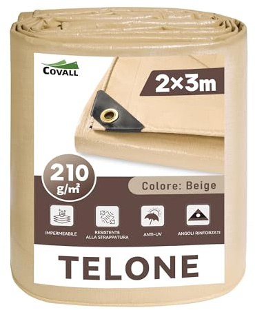 Covall Tarpaulin Waterproof Heavy Duty 210g/m² 2x3m Beige- 100% Waterproof UV Protected Ground Sheet, Reinforced Corners & Anti-Rust Grommets for Camping, Patio, Wood Storage,Garden,Roof