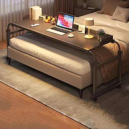 Mesa de cama con ruedas, altura y longitud ajustables, estación de trabajo de pie para bandeja de alimentos y portátil, mesita de noche para un uso cómodo sobre la cama