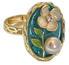 Vintage Floral Pearl Ring, Turquoise Enamel Adjustable Open Band, Gold Plated CZ Crystal Stackable Finger Jewellery, Unique Gift for Women, Comfort Fit Sizes L½ to T½