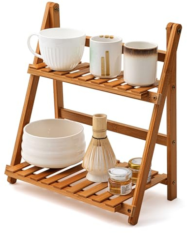 Yalikop Matcha Station Shelf, 11.8'' Coffee Station Organizer, 2 Tiers Bamboo Mug Holder Countertop, Desktop Flower Pot Rack for Home Living Room Window Sill Foldable Display Storage Shelf(Brown)