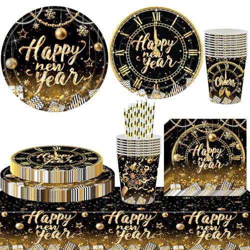 101 pièces Ensemble de vaisselle pour fête du Nouvel An 2026, Assiettes de fête du Nouvel An en noir et or, Vaisselle pour fête du Nouvel An 2026, Accessoires de vaisselle pour fête de la