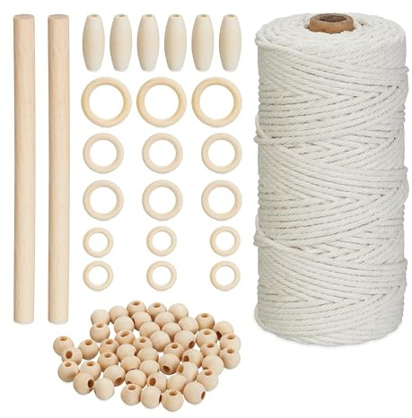 Relaxdays 2 Set macramè, 73 pz con Perline e Anelli in Legno, 109 m Corda Cotone 3 mm, per Principianti, Bianco/Naturale