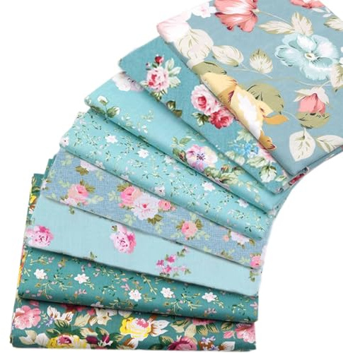 NEUJUS 8 Stück Baumwollstoff 50 x 50 cm Stoffpaket – Patchwork Stoffe Paket zum Nähen & Quilten, DIY Stoffreste Baumwollstoffe Meterware, Stoff Quadrate verschiedene Muster (8 Stück-Minze Floral Mix)