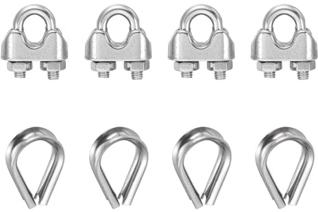 sourcing map Juego de 4 abrazaderas de clip para cable de cuerda de alambre de 5/32 pulgadas M4 pequeñas de acero inoxidable 304 con dedal para aparejos seguros para tendedero, color plateado