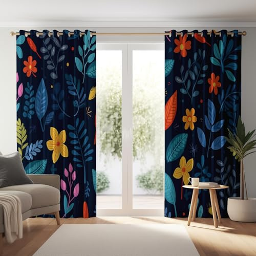 Verdunkelungsvorhänge Wohnzimmer Blickdicht - Blumen & Pflanzen Motiv Dunkelblau - Thermovorhang mit Ösen für Schlafzimmer & Kinderzimmer, Dekorative Gardinen, 2er Pack (B70 x H200 cm)