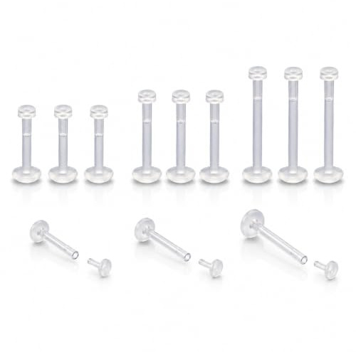 WIIKKOPM 12pk Bioflex Piercing Retainers for Nose & Ears, Clear Acrylic Labret Studs for Surgery, MRI, Sports, School, Flat Push-In Plastic for Cartilage, Helix, Lip, Medusa, Monroe (16g Transparent)