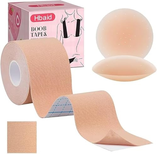 Hbaid Boob Tape Brust Tape Set-Klebe BH Unsichtbar Push Up für Große Brust (A-G Körbchen), 2 Wiederverwendbare Silikon Brustblüten & Testpflaster