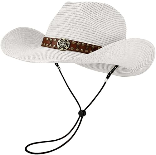 HEYANN Stroh-Cowboyhut für Damen und Herren, Sommer Faltbarer Sonnenhut Westernhut Windfestem Kinnriemen Cowgirl-Hut atmungsaktiv UV-Schutz Sonnenhut für Strand, Garten und Outdoor