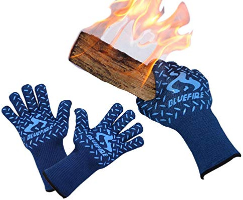 Bluefire Handschuhe BBQ Grill Feuerschale Ofenhandschuhe hitzebeständig 932 Grad F Labor Zertifiziert Profi-Kevlar, Baumwolle Holz Polyester, blau, XL