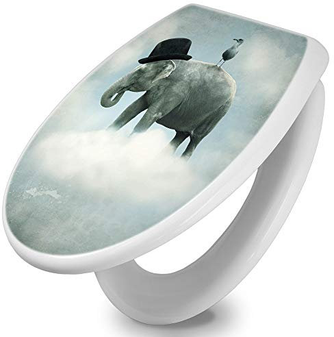 banjado Toilettendeckel mit Absenkautomatik 44,5x37cm / WC Brille Soft Close/hygienischer Toilettendeckel/Klodeckel Duroplast Edelstahl Scharniere einfache Montage/Motiv Elefant und Möwe