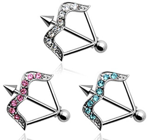 Paula & Fritz® Brustwarzen-Piercing Brustpiercing Frau Maenner Intimpiercing Mann Nippelpiercing Pfeil und Bogen Zirkonia Clear Pink Aqua Edelstahl Chirurgenstahl 316L KQ-0004_Set