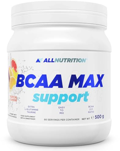 ALLNUTRITION BCAA Max Support Pulver/Kapseln Komplex aus verzweigtkettigen Aminosäuren Glutamin Taurin Leucin Valin Isoleucin Muskelregeneration 500 g Orange