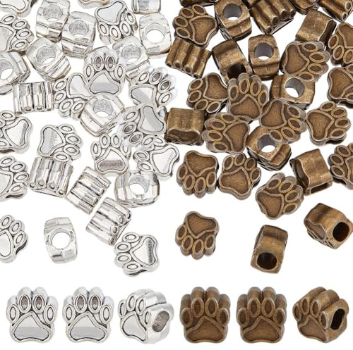 PandaHall 60 Stücke Europäische Perlen Pet Dog Puppy Paw Prints Metall Perlen Großes Loch Lose Perlen Fit Charme für Europäische Armband Halskette Schmuckzubehör (Antique Silver/Bronze)