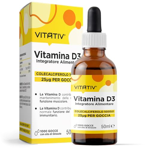 VITATIV® Vitamina D3 1000UI per Goccia, 50ml | Alta Concentrazione con Olio di Girasole, Supporto Ossa, Sistema Immunitario e Muscoli, Integratore Vegetariano e Halal, prodotto in Italia