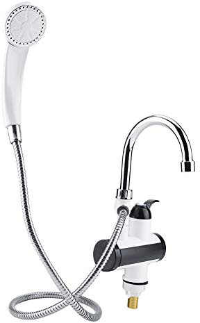Robinet Chaud Froid avec Chauffe-Eau Instantané et Pommeau de Douche Affichage de Température Robinet Electrique Instantané Rotatif pour Salle de Bain Cuisine (EU)