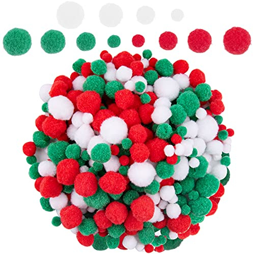 BQTQ Pompons de Noël - 1200 Pièces Loisirs Creatifs, Boules de Pompons Mini Pom Poms, 4 Tailles pour Décorations Fête de Noël Bricolage (Blanc, Vert, Rouge)