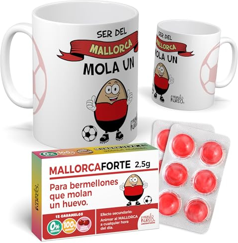 Pack Futbol | Ser del Mallorca Mola un Huevo + Caramelos MallorcaForte | Accesorios de Regalo del Mallorca | Tazas de Desayuno | Idea de Regalo para Cumpleaños | Taza de Cerámica 350 ML