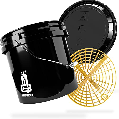 MAGIC BUCKET Car Hand Wash Bundle | Wash Bucket with Matching Bucket Lid 3.5 US Gallons Approx. 13 Litres | With Grit Guard Bucket Insert Dirt Strainer | Washing Set Black / Yellow