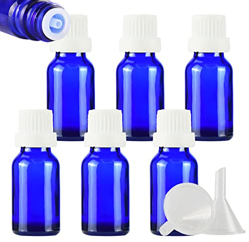 ZEOABSY 6 Stück Leer 15ml Braunglas Flasche mit Tropfmontur Originalitätsverschluss, Tropfflasche Blau mit Weiß Schraubverschluss Glasflaschen für Ätherisches Öle Essenzen Aromatherapie
