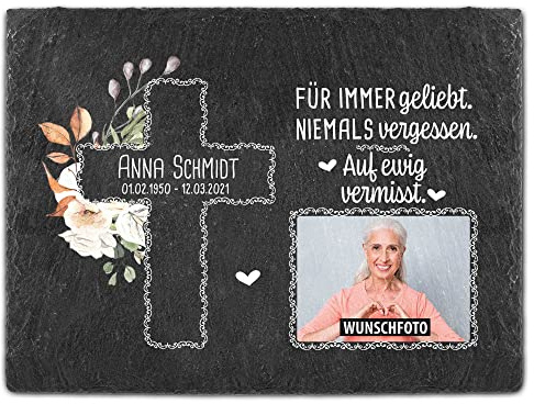 Schieferplatte selbst gestalten - Gedenktafel mit Foto, Name & Datum bedrucken - Für immer geliebt - Grabtafel, Grabschmuck - Schiefertafel 15x20 cm I Personalisierte Erinnerung