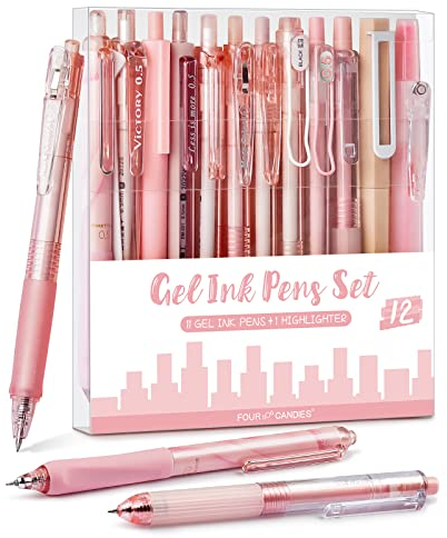 Four Candies Gel Pen Set, Cute Writing Pens with 0.5mm Fine Tip, Black & Pink Ink Pens with Highlighter, Aesthetic Stationery Supplies for School, Office, Pack of 12 - Rose Series