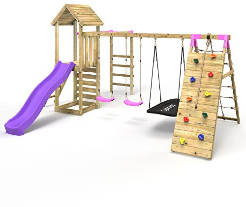 Rebo® Wooden Climbing Frame with Swings, Slide, Up & over Climbing wall and Monkey Bars - Pyrennes Pink | Outdoor Toys | Sturdy Wooden Construction, Pressure Treated Timber