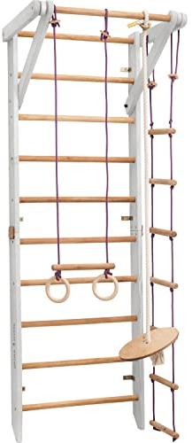 Kletterwand für Kinder - Indoor Klettergerüst aus Holz - Wand-Reck, Stange, Gymnastik-Ringe, Kletterseil, schwedische Leiter, Schaukel, Montagesatz.