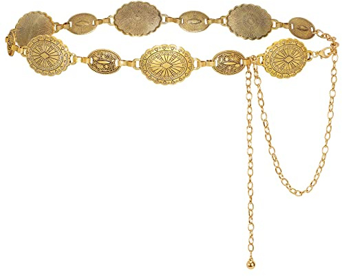 LEACOOLKEY Women Gold Western Concho Chain Belt Boho Metal Western Cowgirl Chain Belt for Dress Adjustable