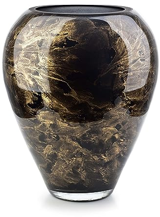 Terroso – Vase – Mundgeblasenes schwarzes Glas – Luxuriöses Erscheinungsbild, Stilvoll & Elegant - 33 cm hoch - Marmoroptik – Blumenvase
